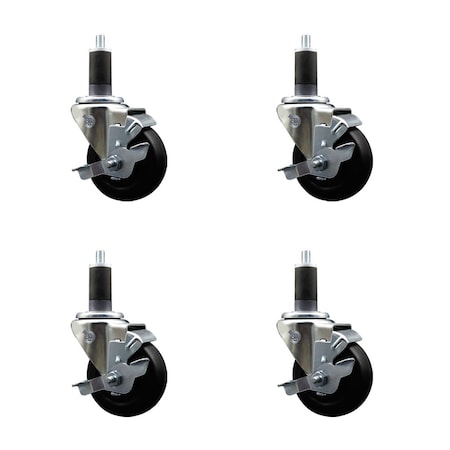 Service Caster 3.5'' SS Hard Rubber Swivel 1-1/4'' Expanding Stem Caster Set with Brake, 4PK SCC-SSEX20S3514-HRS-TLB-114-4